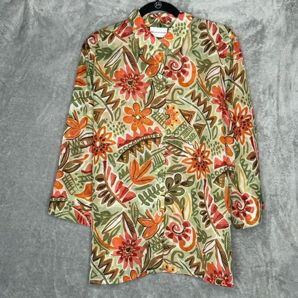 Alfred Dunner 18 1X Shirt Top Green Floral Flower Button Up 3/4 Sleeve Collared - Picture 1 of 6